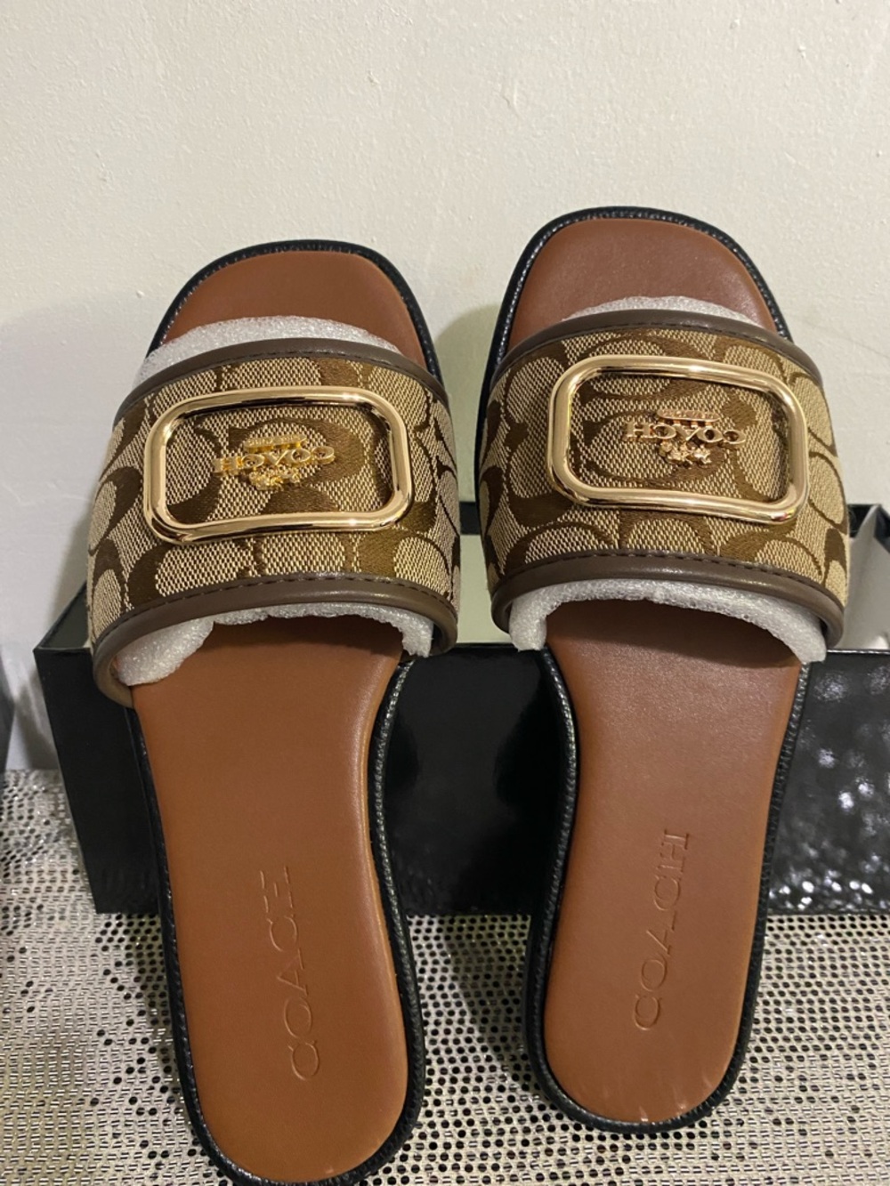 Coach Brown Signature Jacquard Slide Sandals with Gold Buckle